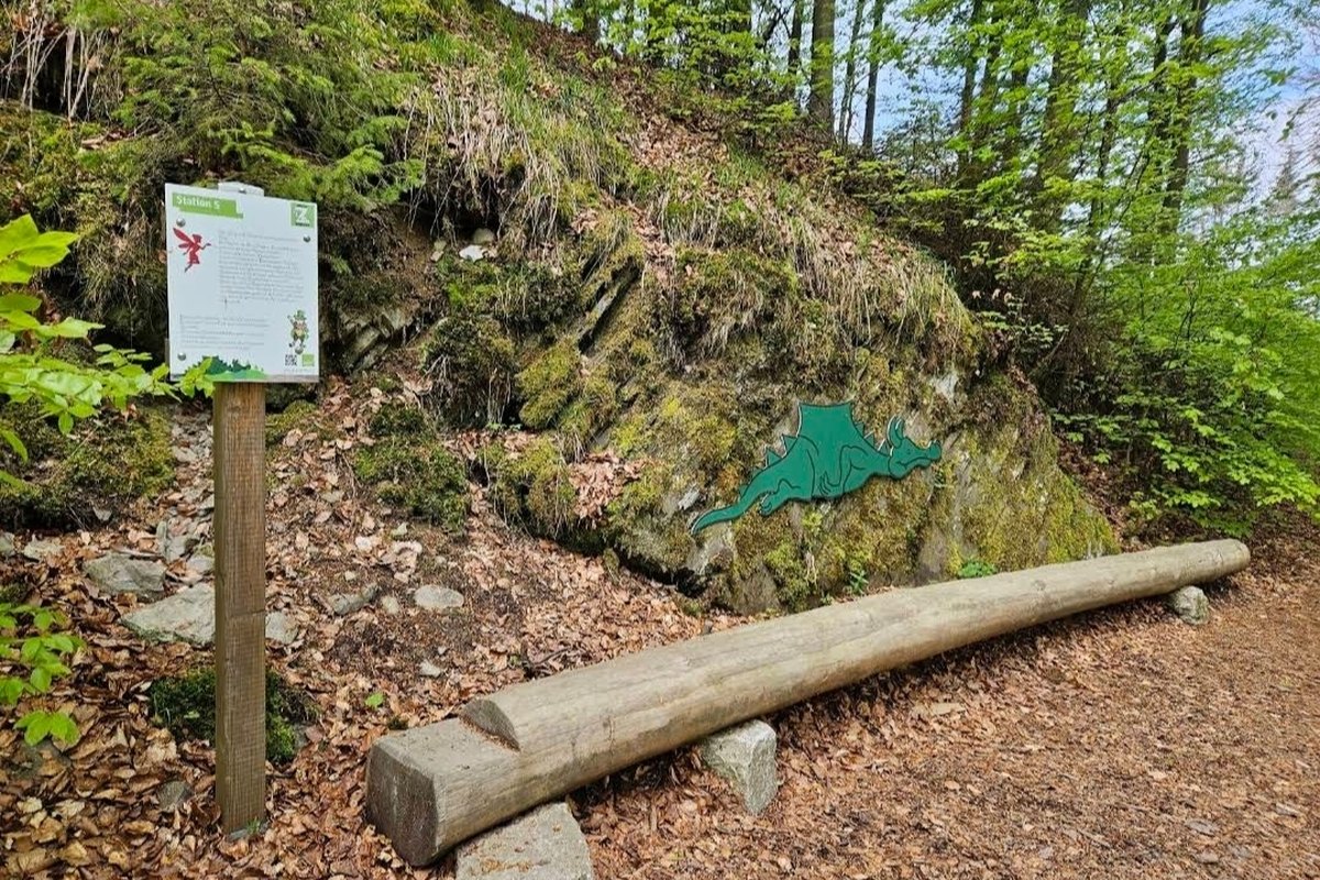 Grüner Drache am Felsen an einer Station des Fabelhaften Elfensteigs in Winterberg-Züschen, davor eine Holzbank