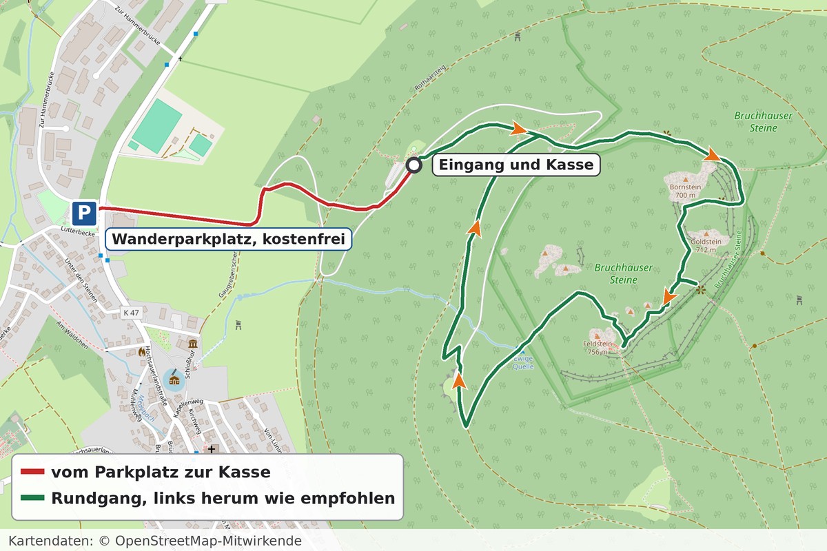 Karte der Bruchhauser Steine mit dem kostenfreien Wanderparkplatz, dem Weg zur Kasse und dem Rundgang um die Felsen