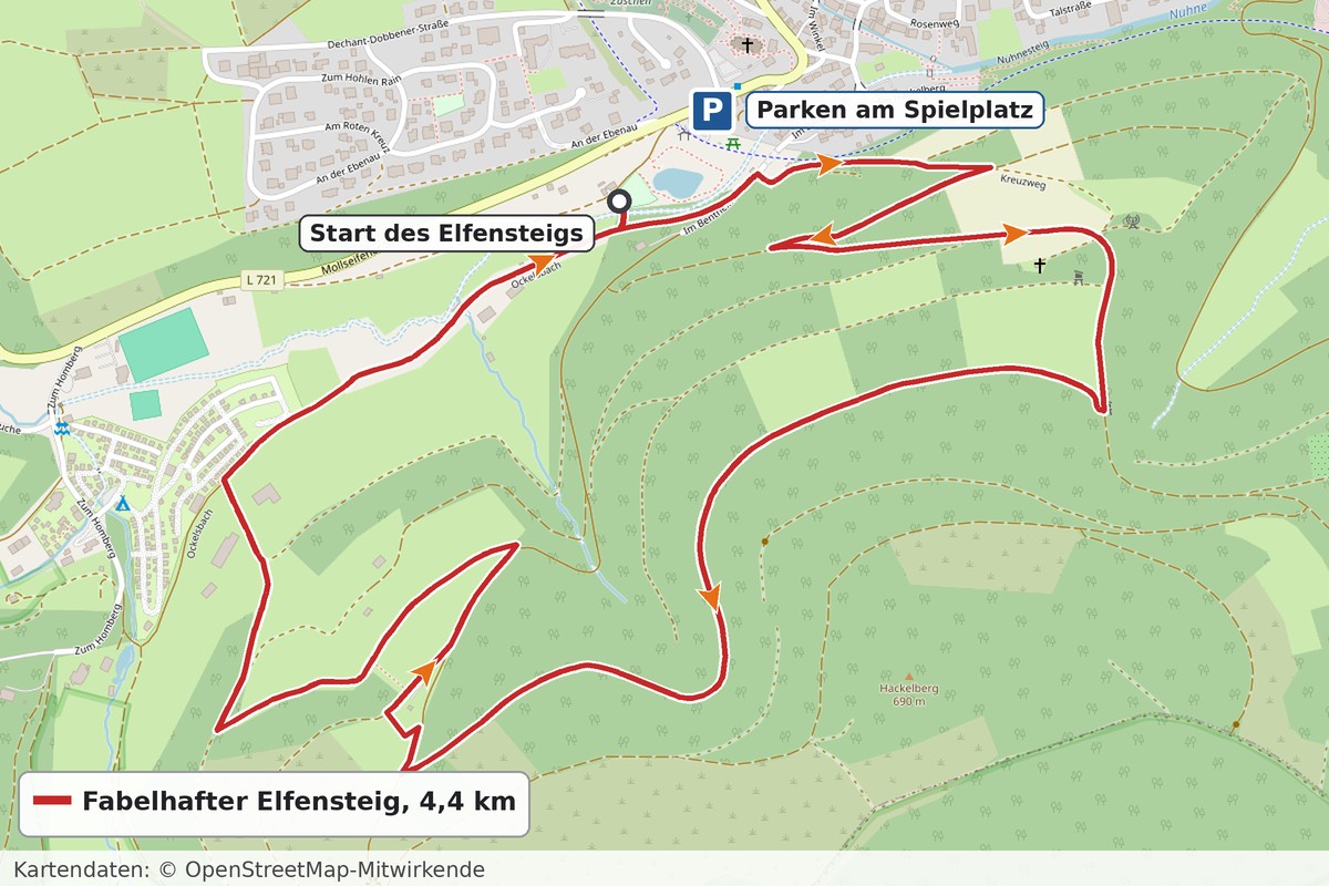 Karte des Fabelhaften Elfensteigs in Winterberg-Züschen mit Parkplatz am Spielplatz, Start und Laufrichtung