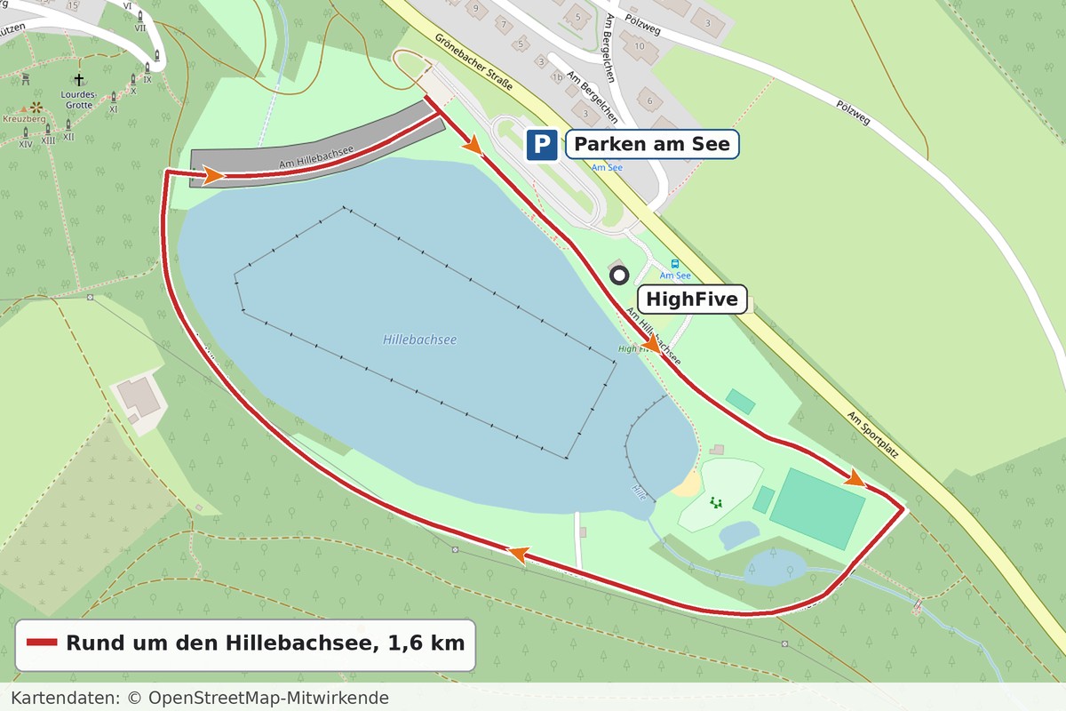 Karte der Runde um den Hillebachsee bei Winterberg-Niedersfeld mit Parkplatz, HighFive und Laufrichtung