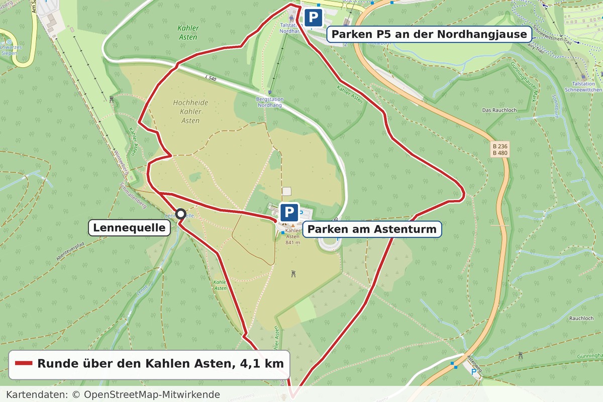 Karte der Runde über den Kahlen Asten mit Parkplatz P5 an der Nordhangjause, Parkplatz am Astenturm und der Lennequelle