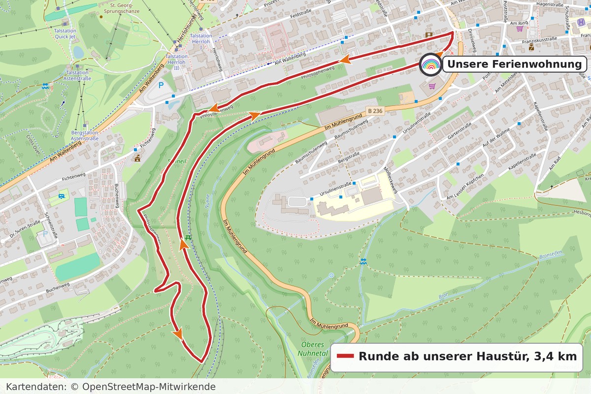 Karte des Philosophenwegs in Winterberg als Runde ab der Kunterbunten Ferienwohnung, mit Laufrichtung