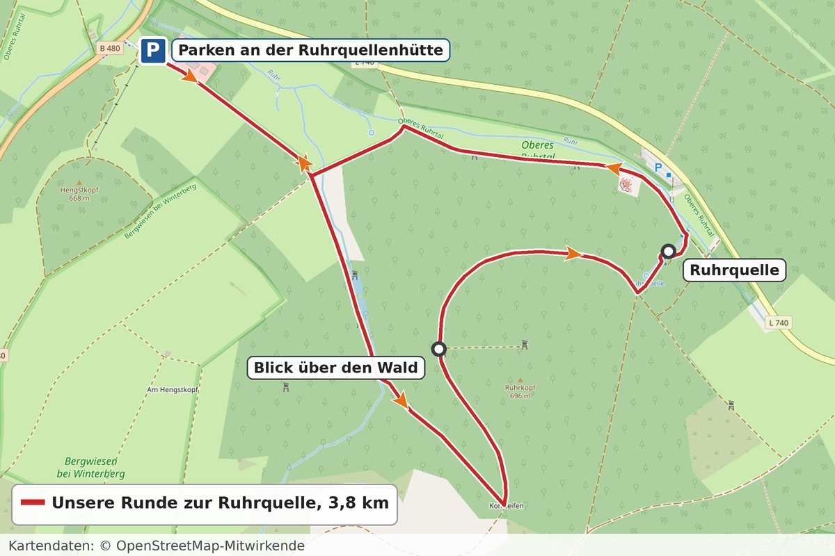 Karte unserer Runde zur Ruhrquelle bei Winterberg mit Parkplatz an der Ruhrquellenhütte, Quelle und Laufrichtung