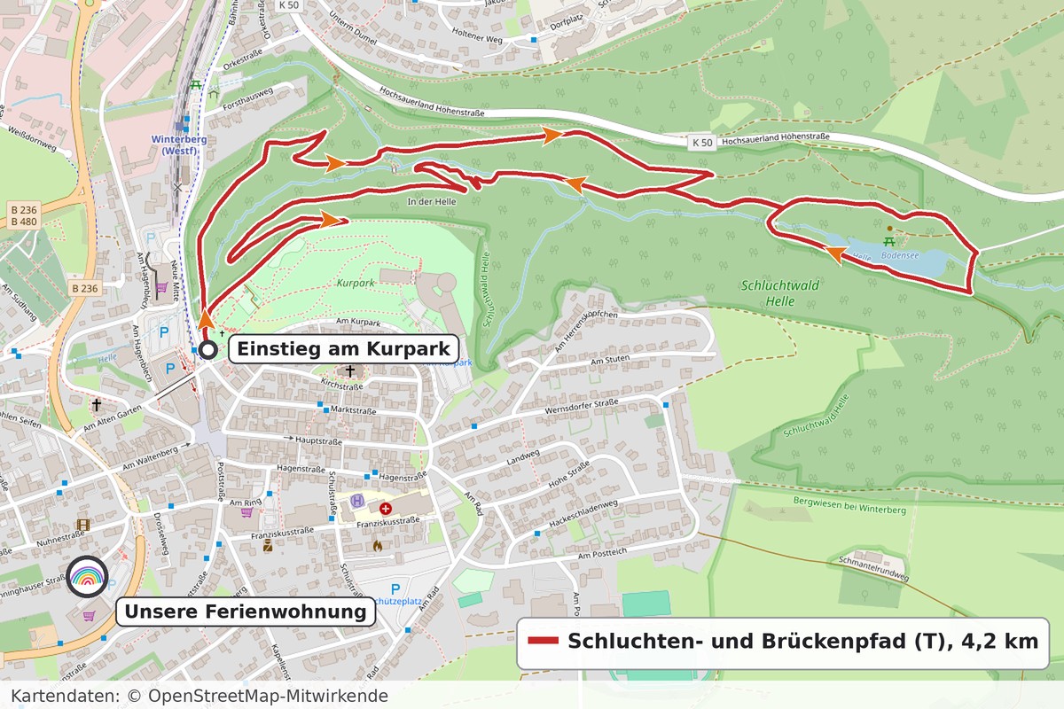 Karte des Schluchten- und Brückenpfads in Winterberg mit dem Einstieg am Kurpark, der Laufrichtung und der Lage unserer Ferienwohnung