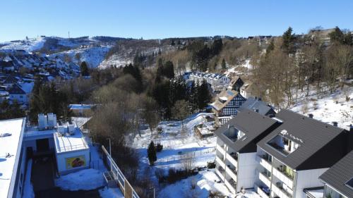 Luftbild von Winterberg im Winter, im Vordergrund das Haus mit der Kunterbunten Ferienwohnung