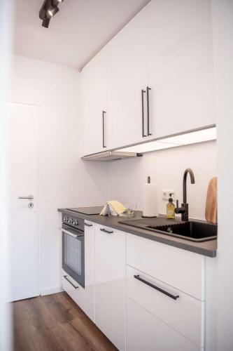 Küche der Ferienwohnung in Winterberg mit Backofen, Ceranfeld und Spüle