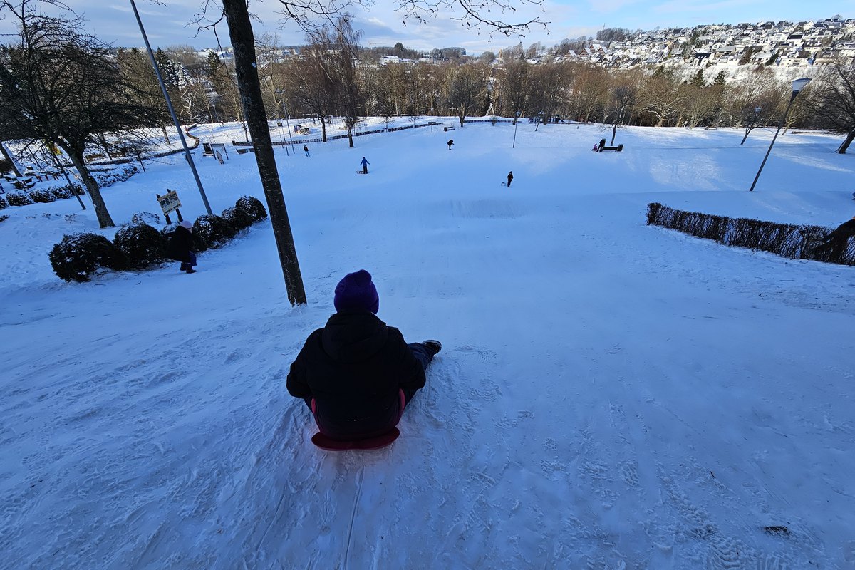 Kind rodelt den Hang im Kurpark Winterberg hinunter, im Hintergrund der verschneite Ort