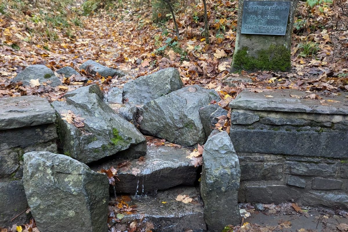 Gefasste Ruhrquelle bei Winterberg im Herbst, Wasser läuft über Steinplatten neben dem Quellstein