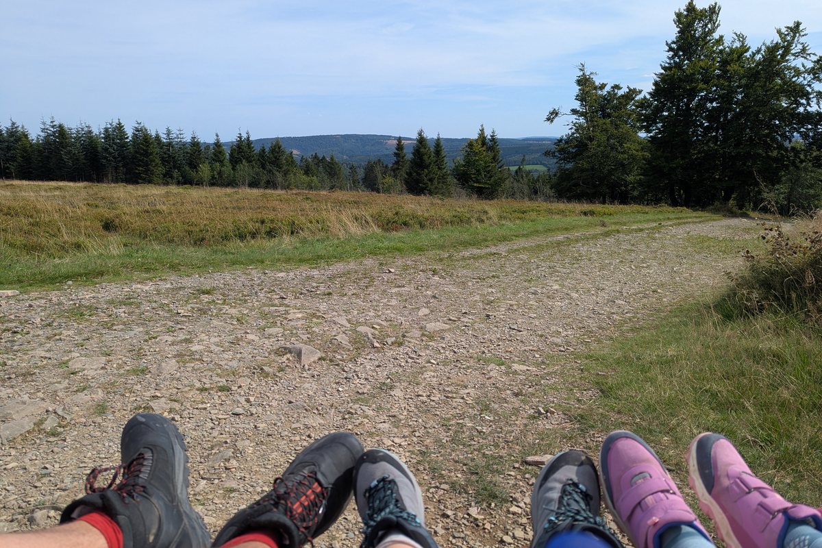 Drei Paar Wanderschuhe nebeneinander bei einer Pause auf dem Kahlen Asten, dahinter Heide und Wald